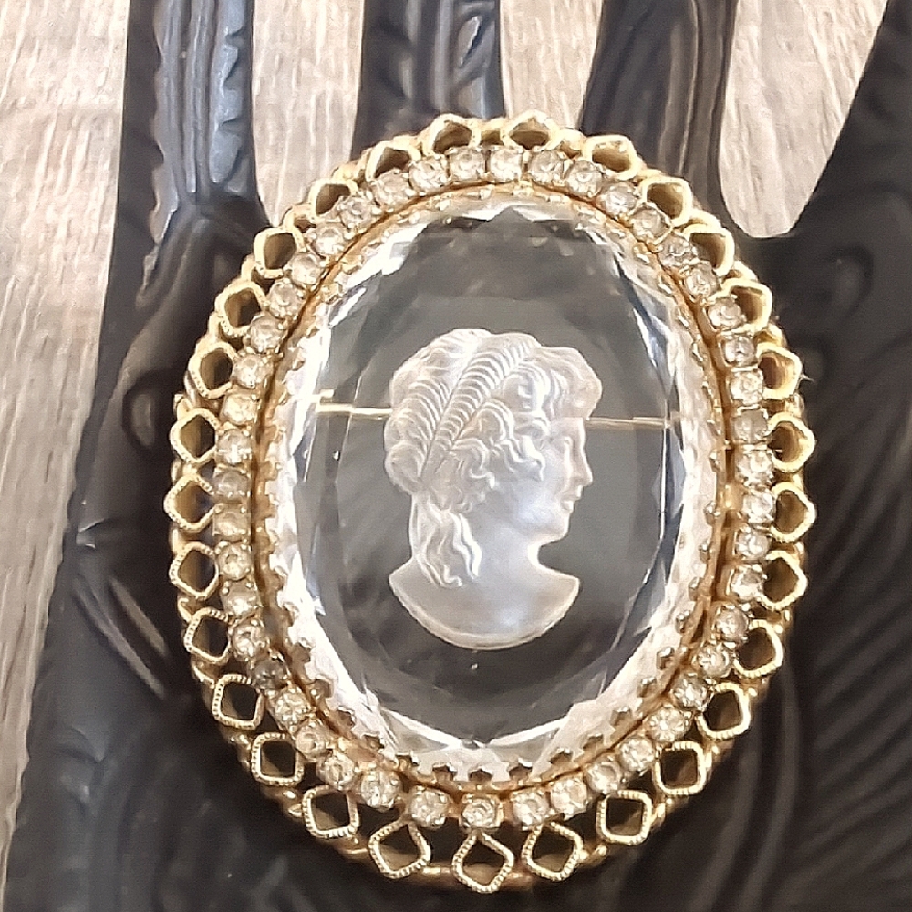 Vintage Warner Intaglio Cameo Rhinestone Brooch